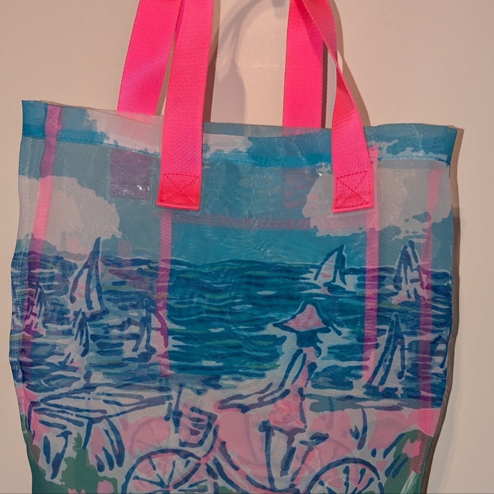 Lilly Pulitzer Bag Mesh Shopper Tote Pink & Blue Let’s Go Somewhere NWOT